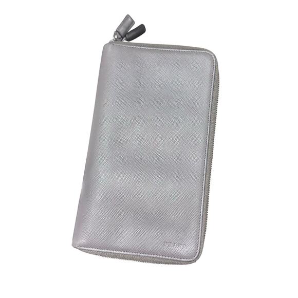 Auth Prada Grey Saffiano Leather Double Zip Travel Organizer Wallet Large